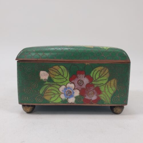 Antique Chinese Cloisonne Enamel Green Jewelry/Trinket Box Floral Pattern - Picture 2 of 8