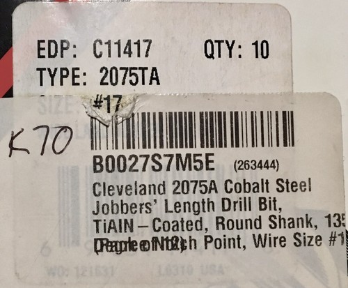 Juego 8 brocas Jobber Cleveland C11417 calibre talla # 17 acero cobalto TiAlN 135° 2175TA - Imagen 3 de 10
