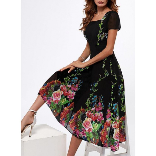 Women's square neck short sleeve multicolor printing large swing dress - Picture 5 of 12
