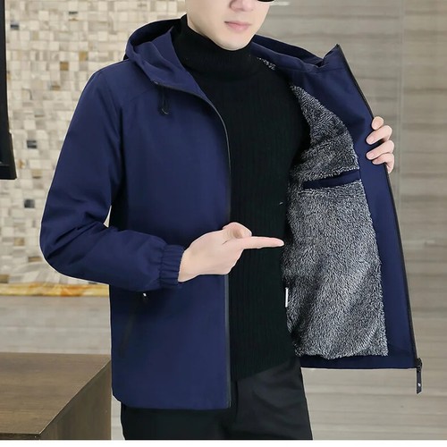 2025 Autumn Men’s Hooded Windbreaker Jacket, Thick Fleece Casual Outwear - Picture 14 of 23