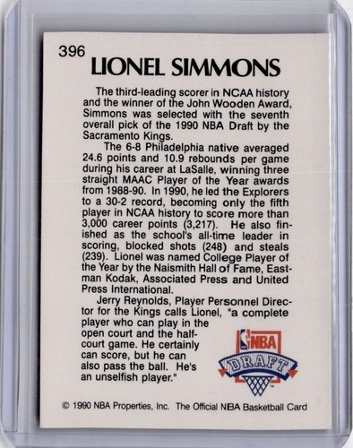 1990-91 NBA HOOPS Basketball Card Lionel Simmons 1990 Lottery Pick Kings 396 - Bild 2 von 2