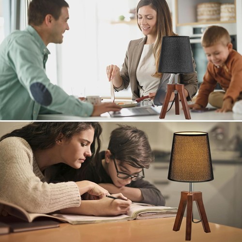 Wood Bedside Table Tripod Desk Lamp with On-Off Switch Fabric Shade Walnut Black - Picture 5 of 6