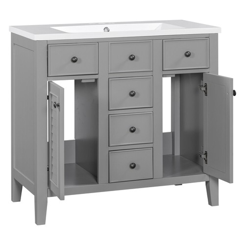 36" Bathroom Vanity with Ceramic Basin, Solid Wood Frame, 2 Cabinets & 5 Drawers - Picture 13 of 24