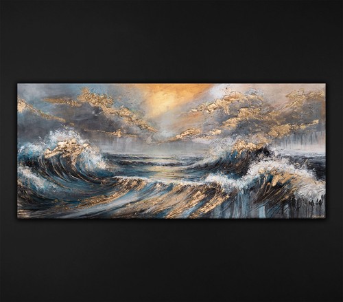 Bild handgemalte 'Shining Waves' Moderne Acrylbilder Meer auf Leinwand 115x50cm - Bild 10 von 10