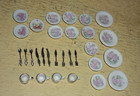 30 piece Dollhouse Miniature set of Dishes & Flatware. Floral pattern on white.