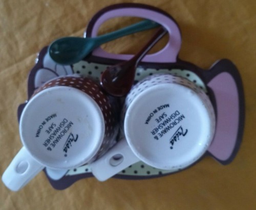 5 pc Chocolate Mug 12 oz Trisa Polka Dot spoon Stoneware Pink White Green Brown - Picture 4 of 5