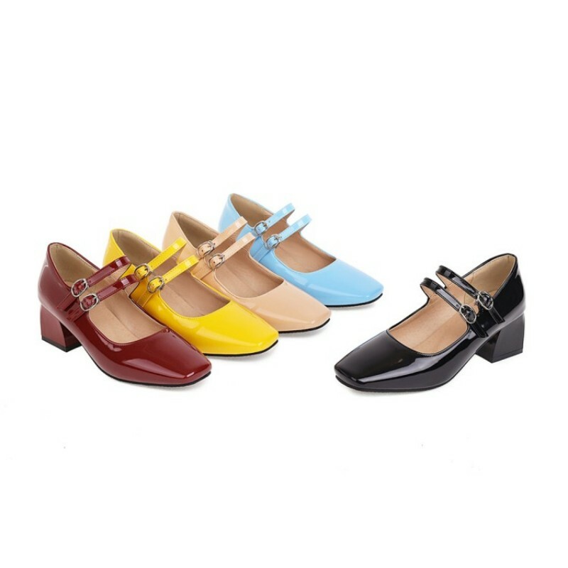 【INCHANT ME】Buckle Square Mary Jane Loafer New Women Square Toe Buckle Strappy Mary Janes 5cm Heel Pu