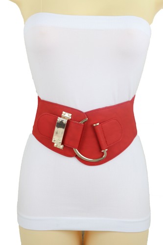 Women Red Chunky Thick Fashion Belt Gold Metal Hook Buckle Hip High Waist L XL - Picture 14 of 24