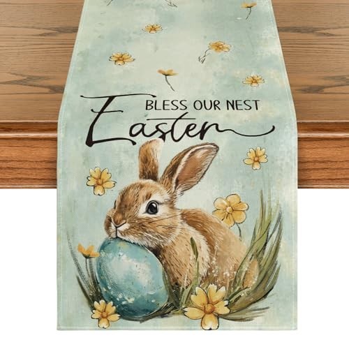 Bunny Rabbit Egg Flowers Easter Table Runner, Seasonal Spring Kitchen Dining - Picture 1 of 6