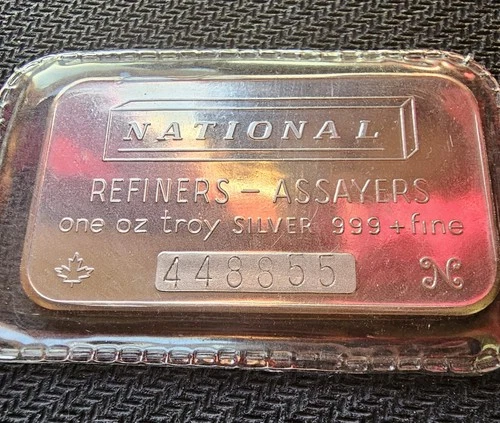 Vintage National Refiners Assayers Canada 1 Oz .999+ Fine Silver Bar SN 448855