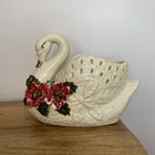 Porcelain Christmas Swan Planter with Holly Leaves and Berries Vase Table Decor