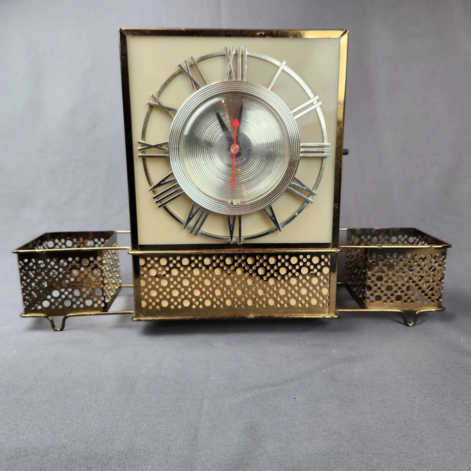 Vintage MCM Electric Clock Lamp Brass Tone Metal With Side Planters Roman Dial - Image 4 of 4