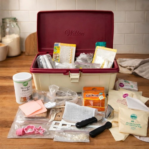 Wilton Cake Decorating Caddy Supply Lot Piping Tips Bags Meringue Powder