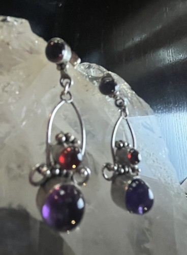 Sajen Ohrringe Sterlingsilber Amethyst & Granat Schnörkelarbeit - Bild 3 von 7