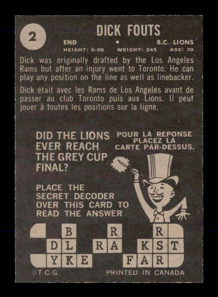 1964 Topps CFL #2 Dick Fouts  EXMT+ X3192688 - Image 2 of 3