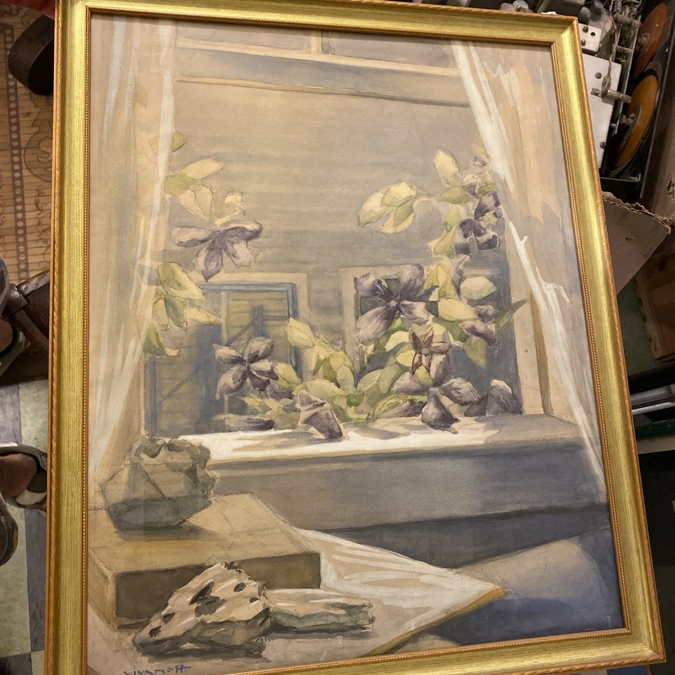 V. Ivanoff Listado Artista Acuarela Floral Bodegón Ventana Cape Cod Enmarcado Foto 4 de 4