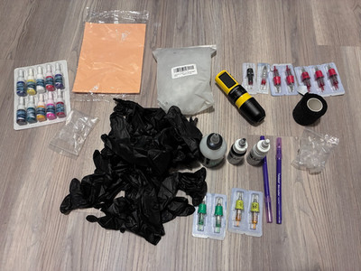 Poseidon Full Tattoo Kit Set Ink Cups Stencil Stuff Great Cond