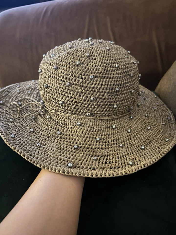 Sombrero de rafia Helen Kaminski Australia perlas de imitación playa vacaciones complejo vacacional Foto 3 de 4