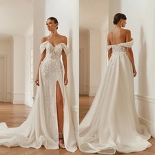 Classic V Neck Wedding Dresses Off the Shoulder Zipper A Line Tulle Slit Train