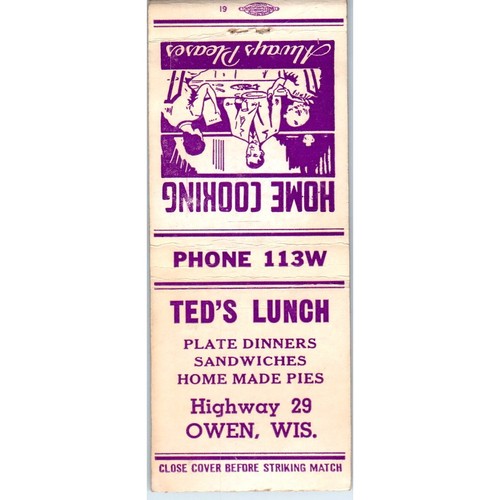 Ted's Lunch Highway 29 Owen Wisconsin Vintage Streichholzschachtelhülle SD4-Y10