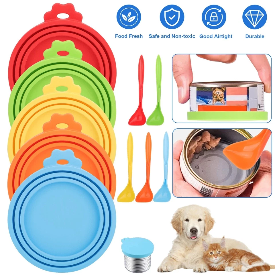 5x Cubiertas de latas de comida para mascotas Tapas de latas universales Silicona segura Perro Gato Comida con cucharas Foto 2 de 4