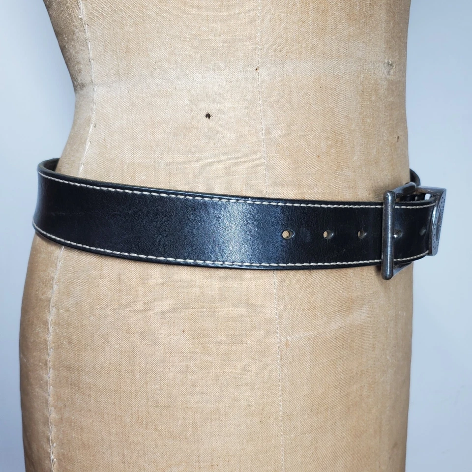 Mossimo 30-34" Belt Vintage Black Leather Steel Aged Buckle Topstitched Italy - Image 4 of 4