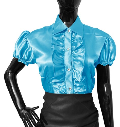 Damen Satin kurz Puffärmel Hemd Knopfleiste Bluse vorne Rüschen Oberteil Bluse - Bild 26 von 33