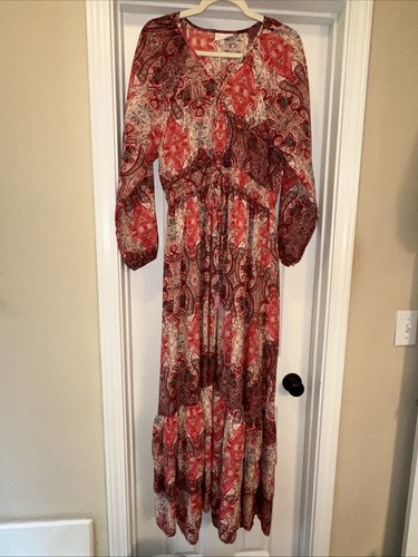 Chaudry seidiges Bohemian Maxikleid mit langen Ballonärmeln - Stufen - Rüschen - Gr. XL