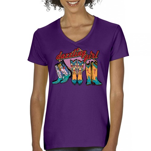 Dazzling Girl Women's V-Neck T-shirt Cowgirl Rodeo Dance Country Southwest Tee - 第 1/71 張圖片
