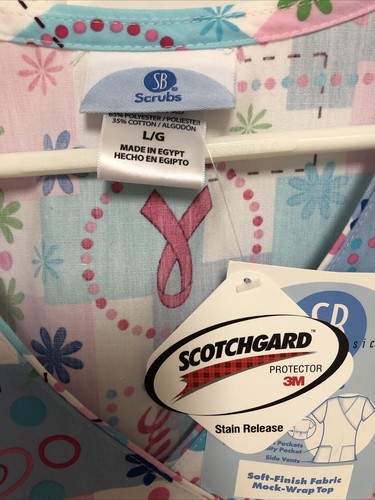 NEW Womens Scrubs Top Breast Cancer Pink Ribbon Sz L Large Mock Wrap NWT - Picture 2 of 4