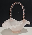 1940s Vintage Fenton Pink Rose Glass Ruffle Basket With Bamboo Style Handle