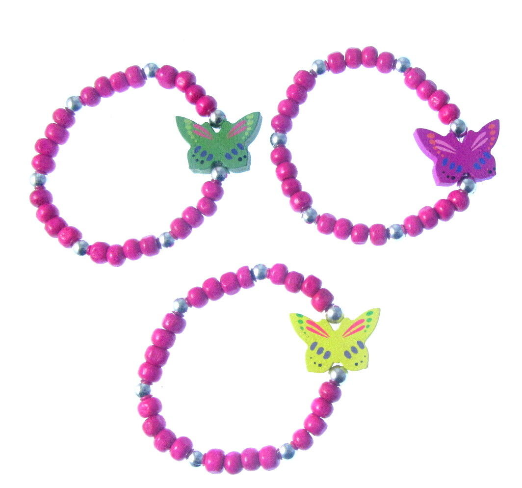 3 X en Bois Butterfly Bracelets En Couleurs Assorties
