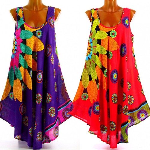 Women Boho Sleeveless Loose Dress Print Tunic Tank Top Beach Sundress Plus Size - Picture 3 of 52