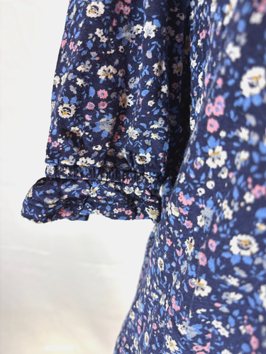 Lucky Brand Women’s L Floral Navy Blue Ruffle Hem Blouse Boho Cottagecore - 第 4/7 張圖片