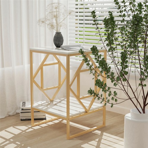 White Marble Gold Side Table Living Room End Accent Table Nightstand with Shelf - Picture 4 of 12
