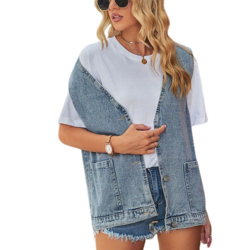 Women V Neck Denim Vest Tank Top Loose Fit Pockets Sleeveless Casual Jean Jacket - Picture 3 of 18