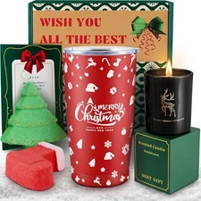 Christmas Gift Set for Women – Holiday Gift w/Tumbler, Candle, Bath Bombs & Card
