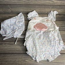 Vintage Baby Girl Romper Outfit White Pastels Spots Pink Shell Size 3-6 Months