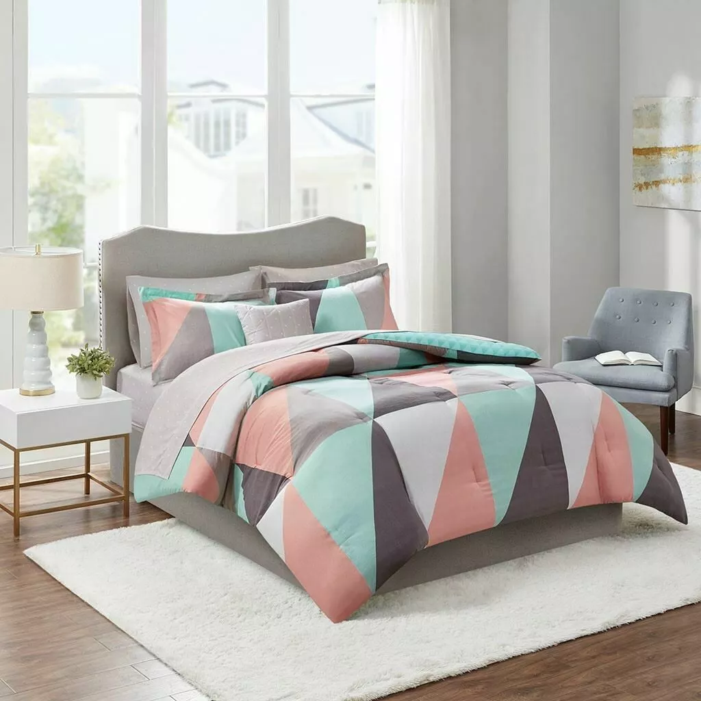 Luxury Aqua White & Grey Reversible Comforter Set AND Matching