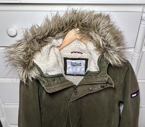 Tommy Hilfiger Parker Coat Khaki Size Small Hooded Detachable Fur Trim - Picture 3 of 10