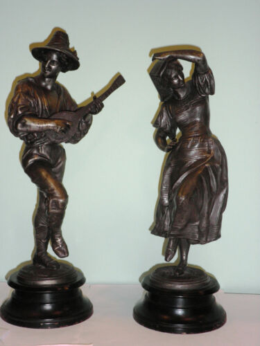 Antique Pair Bronzed Zamak Sculptures European Man Woman Dancer Musician 1930s - Picture 2 of 7