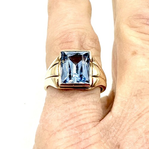 Art Deco 10K Yellow Gold Blue Topaz Ring Dason Sz 4 1/2 - Picture 2 of 8