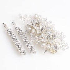Wedding Hair Clips Set of 3 PCS - Floral Rhinestone Pearl Hair Accessories fo...