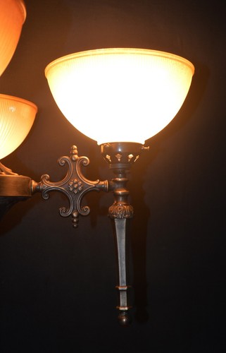 Vintage 1950s art deco bronze brass 4 arm chandelier tinted holophane C-1950s - Picture 8 of 19