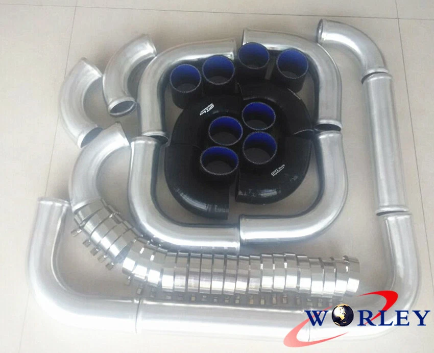 Intercooler Universal Turbo Tubería Aluminio 2" 51mm + Manguera Negra + Kits de Abrazadera en T Foto 3 de 4
