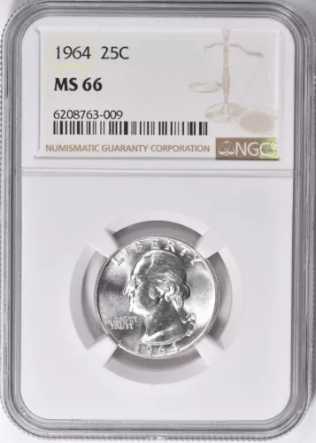 1964 Washington Quarter NGC MS-66 Philadelphia Mint, Beautiful Coin