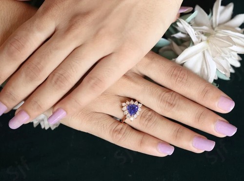Tanzanite Halo Trillion Cut Ring, Engagement Ring, 14k Gold Plated Silver Ring - Picture 6 of 10