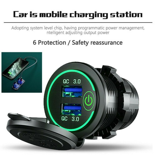 Prise Chargeur Rapide Voiture 12V-24V Double USB QC 3.0 + PD Prise LED Etanche