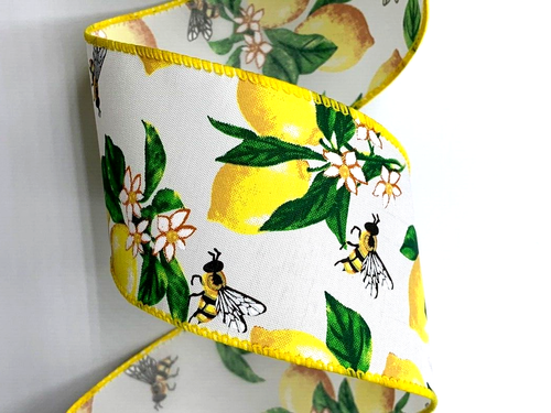 Lemon Bee Flower 2.5" x 5 yds Wired Ribbon Summer Crisp White Satin Green Leaves - Picture 3 of 7
