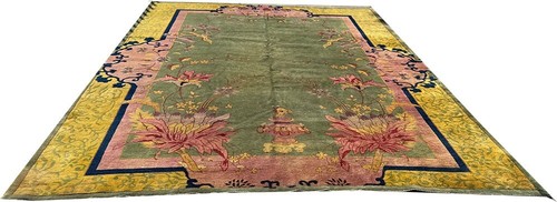 Alfombra china antigua Art Deco dorada y verde A 2ND To None circa 1920 - Imagen 7 de 12